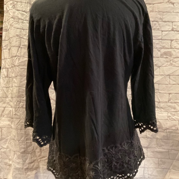 “BCBG” Black Embroidered and Open Work  3/4 Wide Sleeves Peasant Style Top. - Picture 4 of 15